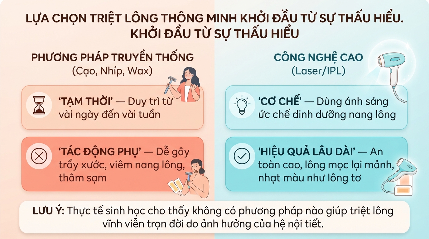 Các phương pháp triệt lông phổ biến và cách chăm sóc da sau triệt đúng cách