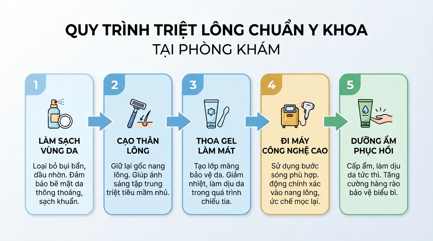 Quy trình 5 bước thực hiện triệt lông chuẩn y khoa tại phòng khám.