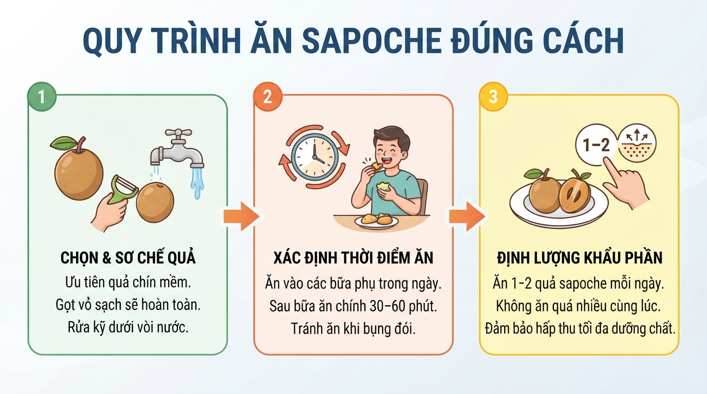 Quy trình ba bước ăn sapoche đúng cách giúp hấp thụ tối đa các dưỡng chất quý giá.