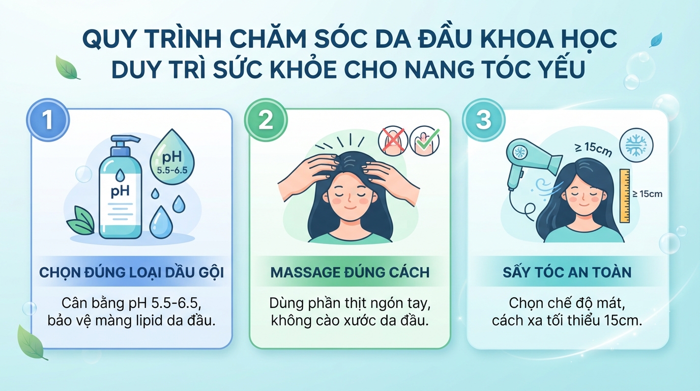 Quy trình chăm sóc da đầu khoa học giúp duy trì sức khỏe cho nang tóc yếu.