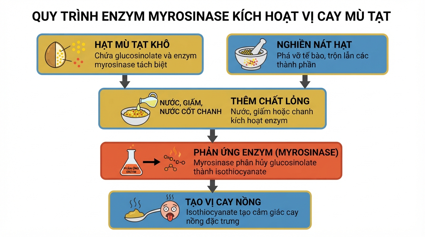 Quy trình enzym myrosinase kích hoạt vị cay của mù tạt khi hạt khô tiếp xúc chất lỏng.