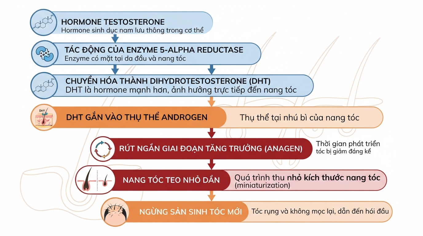 Quy trình hormone DHT tác động làm suy yếu và teo nhỏ nang tóc theo thời gian.