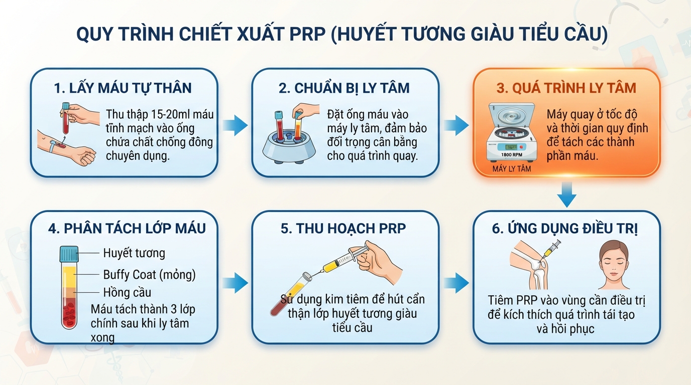 Quy trình ly tâm tách lớp huyết tương giàu tiểu cầu ứng dụng trong y tế tái tạo.