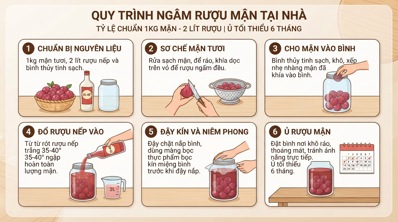 Quy trình ngâm mận với rượu nếp trắng 35-40 độ theo tỷ lệ chuẩn tại nhà.