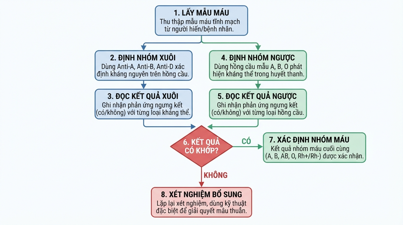 Quy trình phối hợp phương pháp định nhóm xuôi và ngược để xác định nhóm máu.