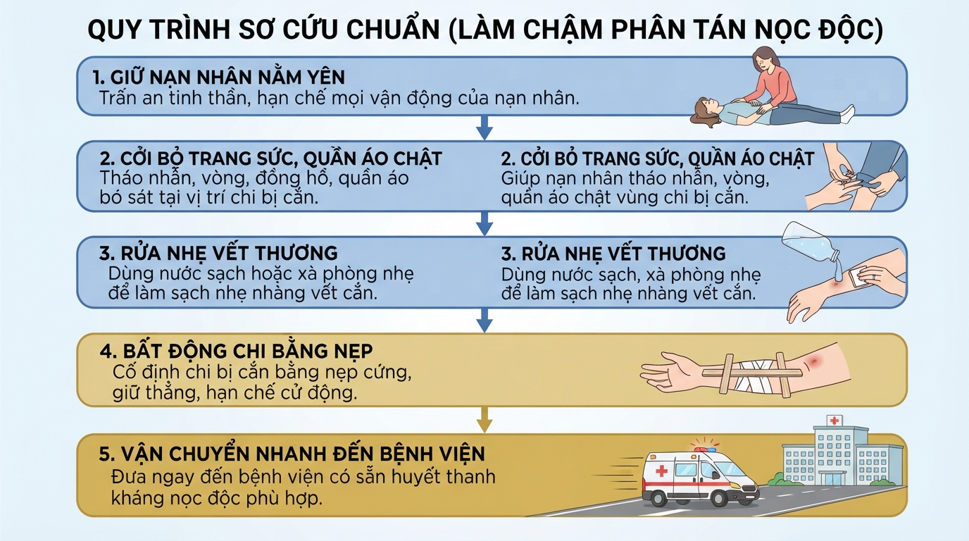 Quy trình sơ cứu chuẩn giúp làm chậm sự phân tán của nọc độc toàn thân.