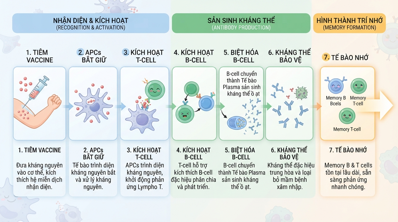 Quy trình vaccine kích thích hệ miễn dịch tạo tế bào nhớ và kháng thể bảo vệ cơ thể bền vững.