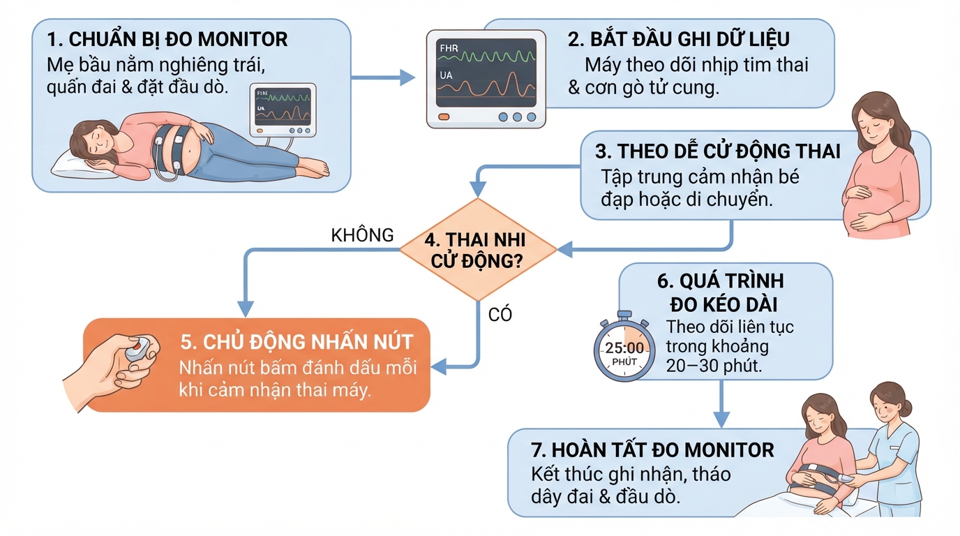 Sản phụ chủ động nhấn nút đánh dấu mỗi khi cảm nhận thai nhi cử động trong lúc đo.