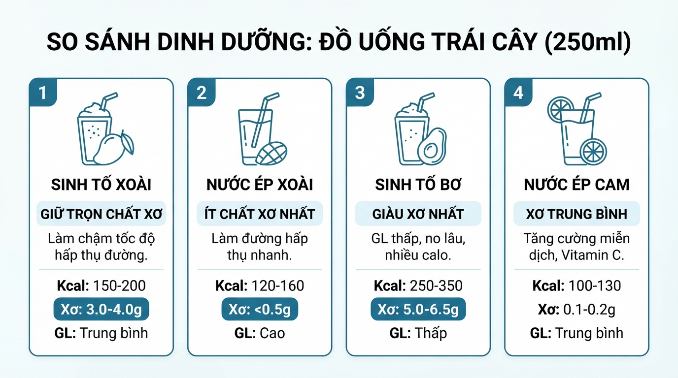 Sinh tố xoài giữ trọn vẹn chất xơ giúp làm chậm tốc độ hấp thụ đường.