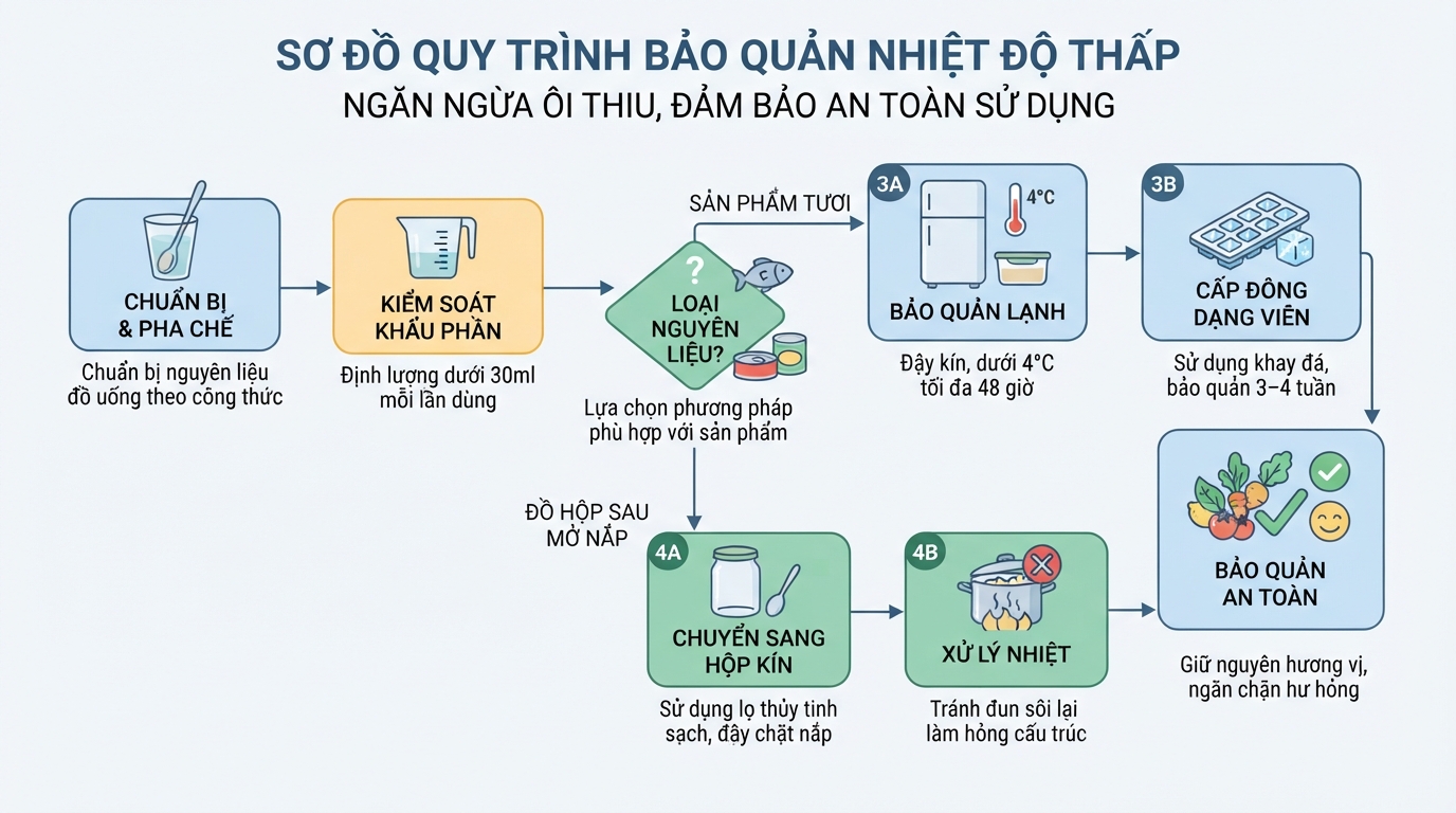 Sơ đồ các bước bảo quản nhiệt độ thấp giúp ngăn ngừa ôi thiu.