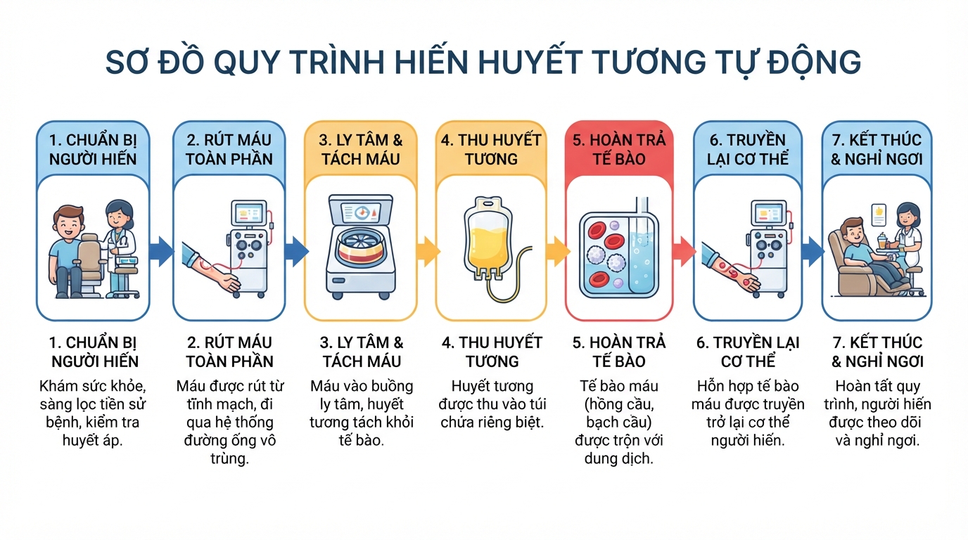 Sơ đồ máy tách tự động lấy huyết tương và hoàn trả tế bào cho người hiến.
