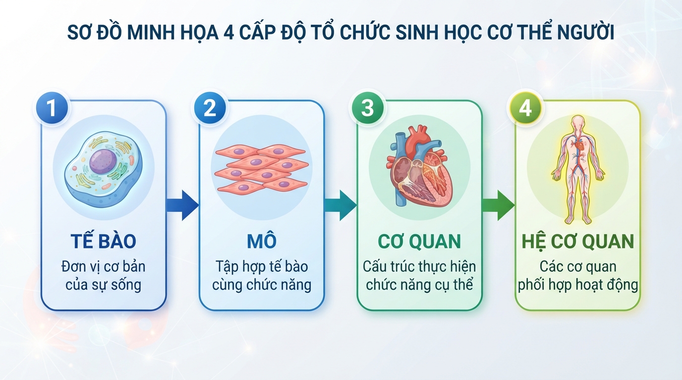 Sơ đồ minh họa 4 cấp độ tổ chức cơ học của cơ quan trong cơ thể người.