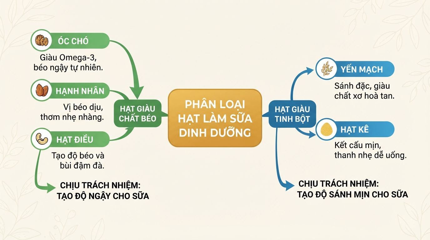 Sơ đồ phân loại hạt giàu béo và giàu tinh bột khi làm sữa dinh dưỡng.