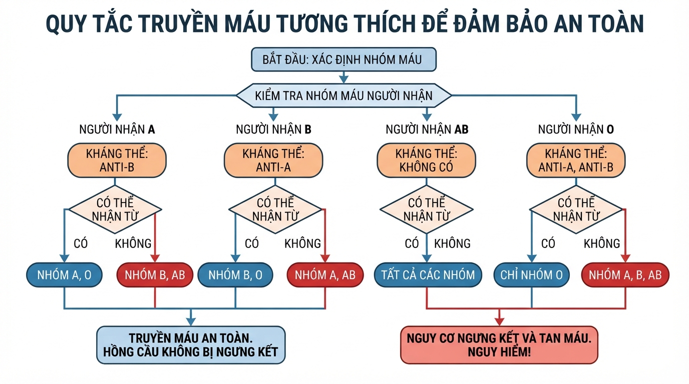 Sơ đồ quy tắc truyền máu tương thích giữa các nhóm máu nhằm đảm bảo an toàn.