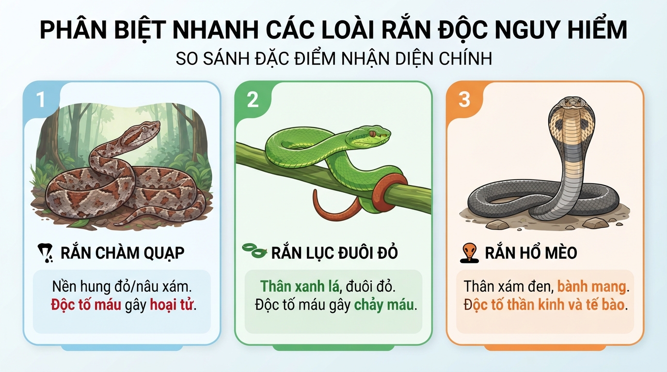 So sánh đặc điểm nhận diện giúp phân biệt nhanh các loài rắn độc nguy hiểm.