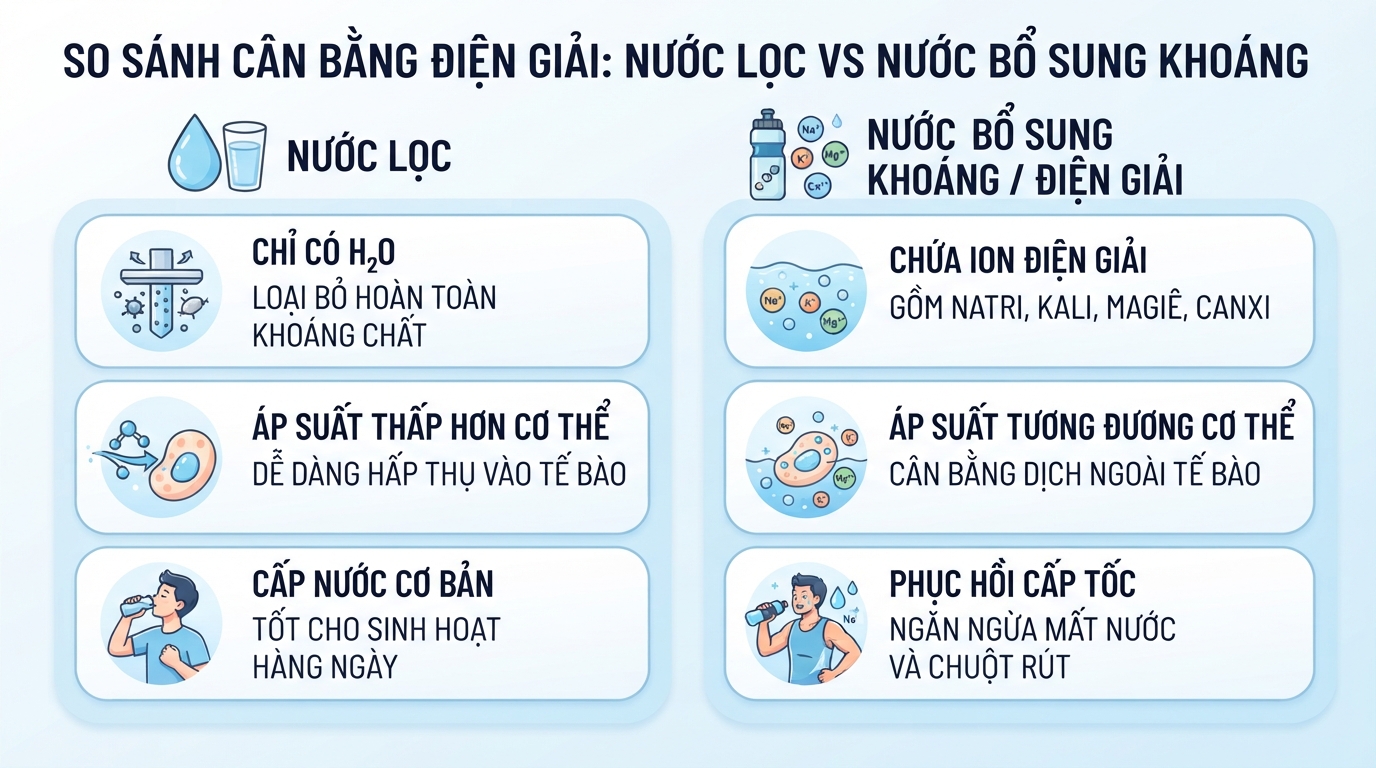 So sánh khả năng cân bằng điện giải giữa nước lọc và nước bổ sung khoáng.