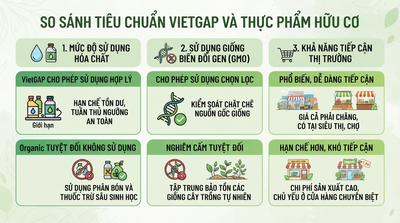 So sánh mức độ kiểm soát hóa chất và giống GMO giữa tiêu chuẩn VietGAP và thực phẩm hữu cơ.