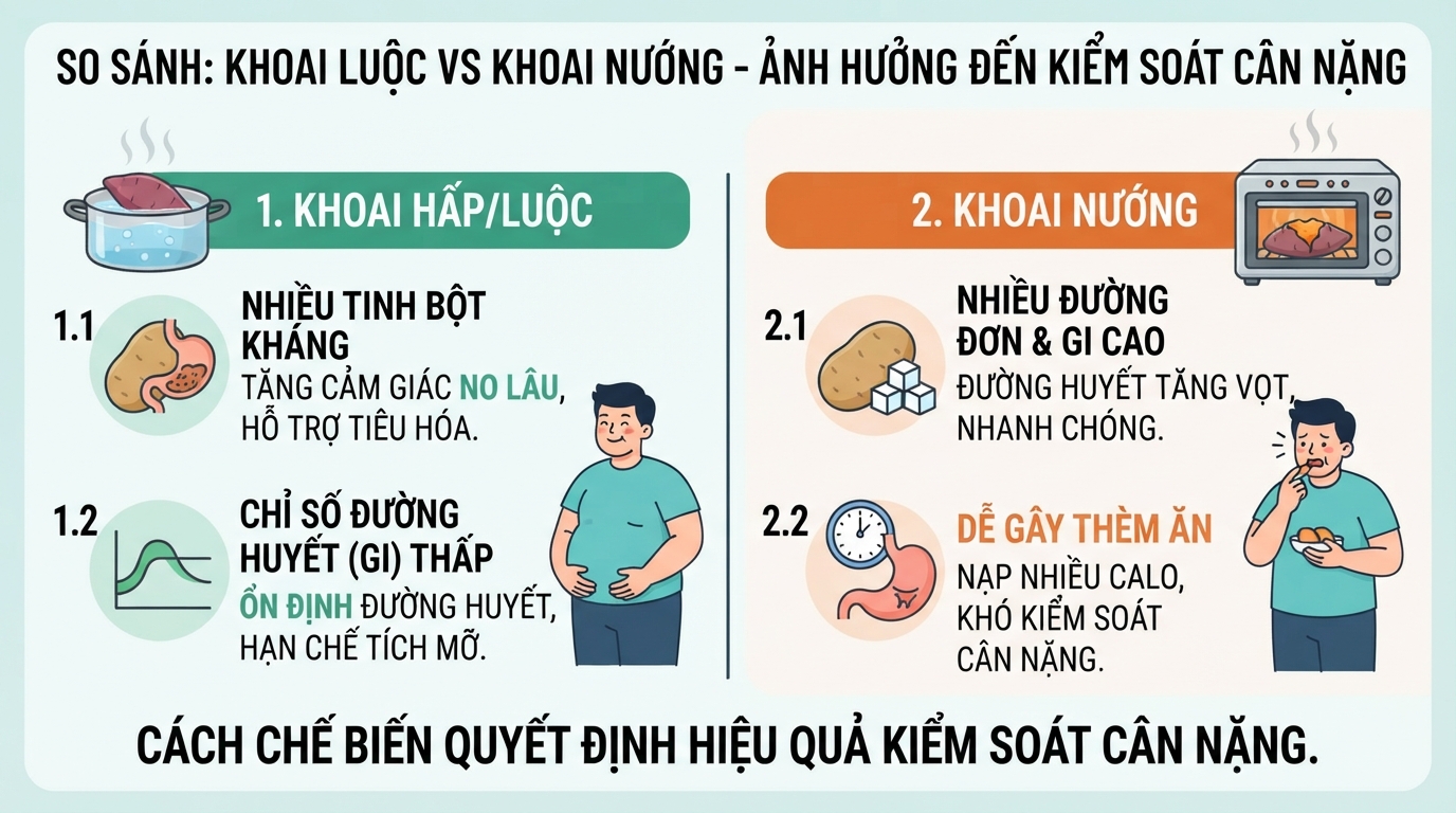 So sánh tác động của khoai luộc và khoai nướng đối với hiệu quả kiểm soát cân nặng.