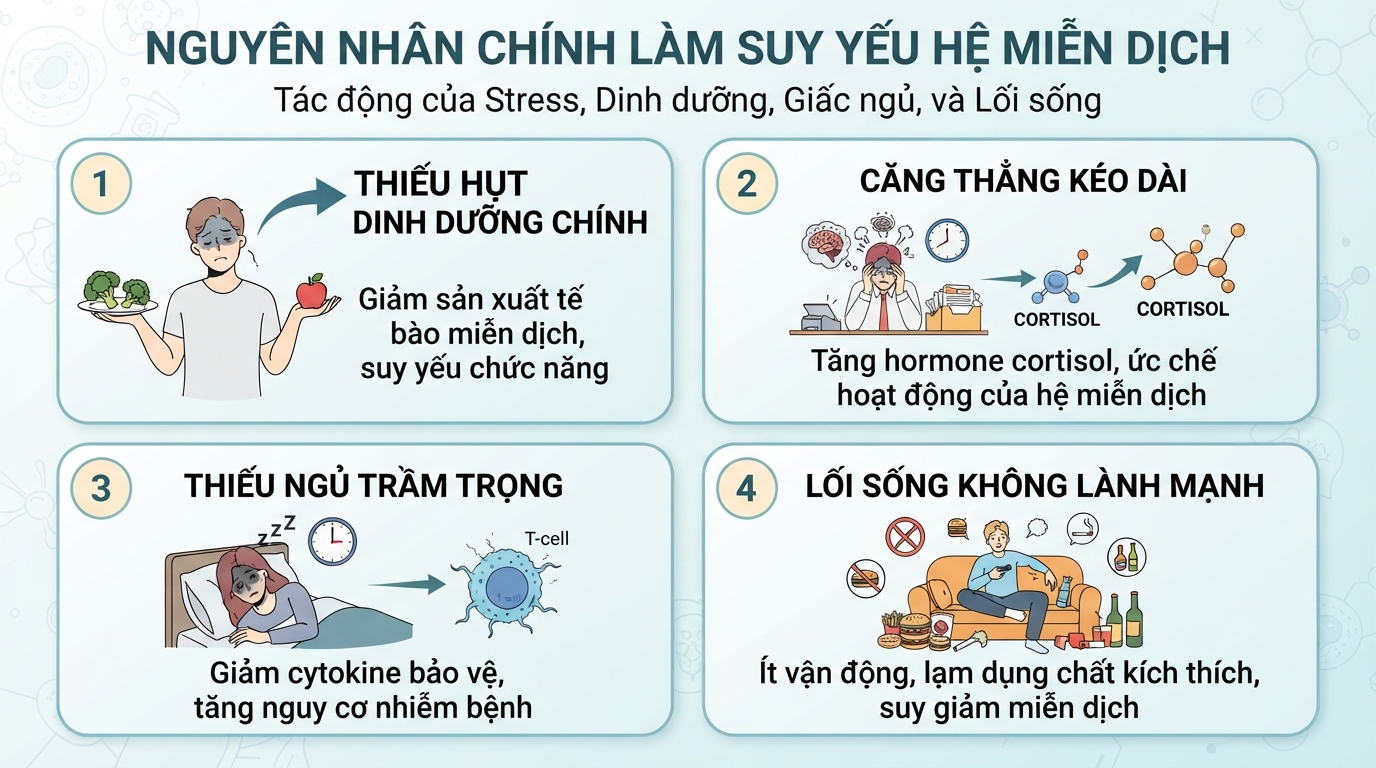 Stress và thiếu hụt dinh dưỡng gây suy yếu hàng rào phòng thủ của cơ thể.