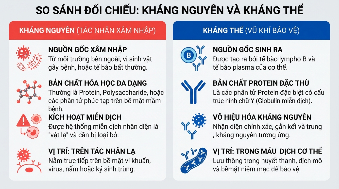 Sự đối lập về nguồn gốc và chức năng giữa kháng nguyên xâm nhập và kháng thể bảo vệ cơ thể.
