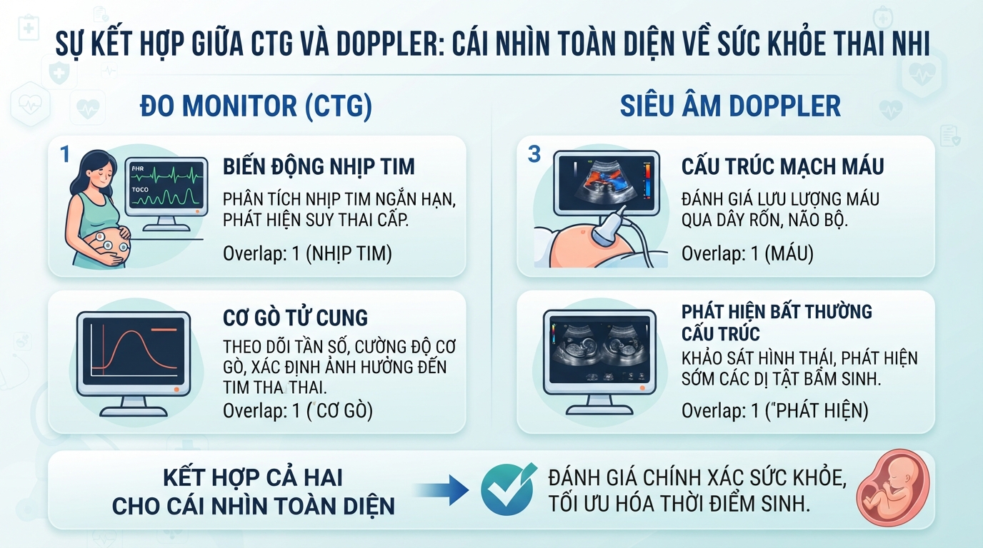 Sự kết hợp giữa CTG và Doppler mang lại cái nhìn toàn diện về sức khỏe thai nhi hiện tại.