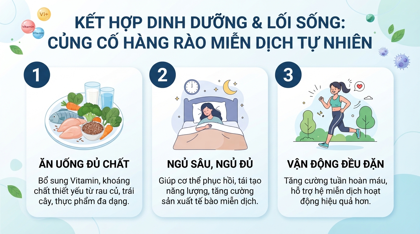 Sự kết hợp giữa dinh dưỡng đầy đủ và lối sống lành mạnh giúp củng cố hàng rào miễn dịch tự nhiên.