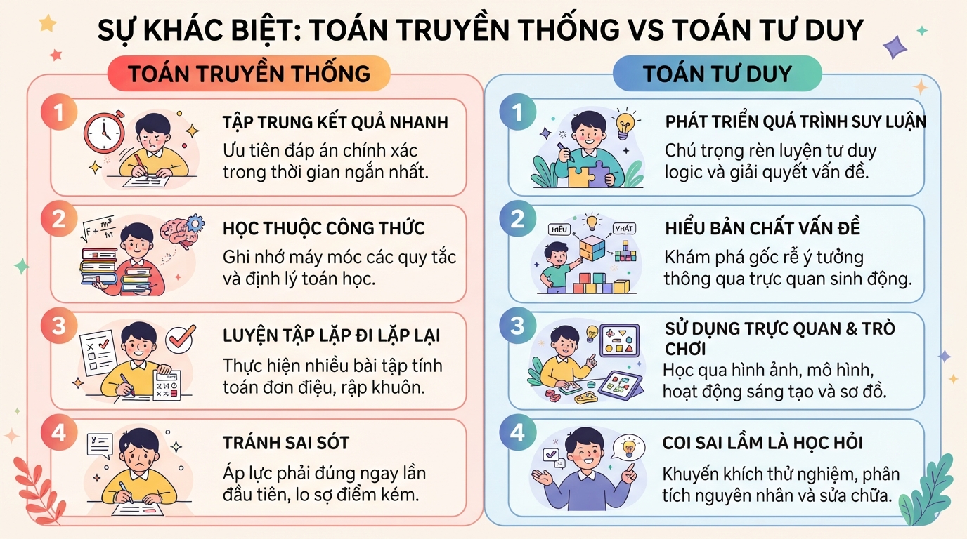 Sự khác biệt bản chất giữa toán học truyền thống và phương pháp học toán tư duy.