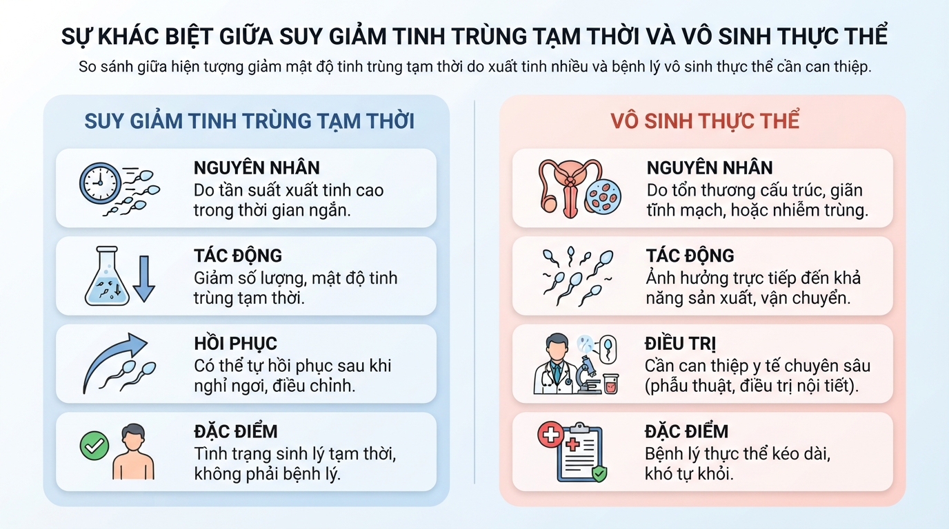 Sự khác biệt giữa suy giảm tinh trùng tạm thời và bệnh lý vô sinh thực thể.
