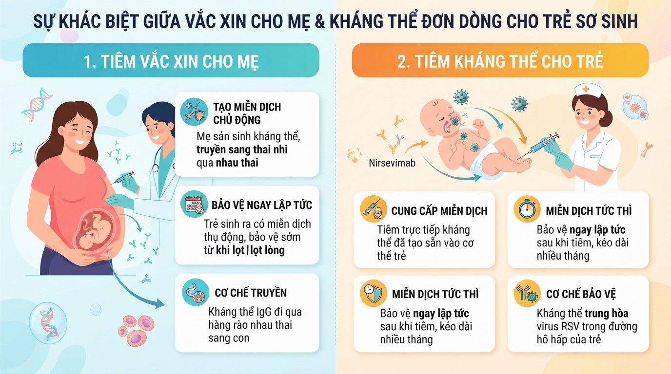 Sự khác biệt giữa vắc xin cho mẹ và kháng thể đơn dòng tiêm trực tiếp cho trẻ sơ sinh.