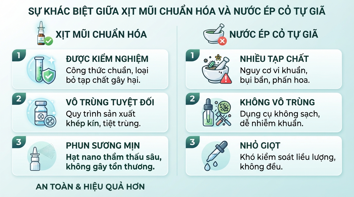 Sự khác biệt giữa xịt mũi chuẩn hóa và nước ép cỏ tự giã.