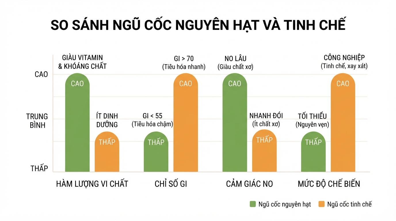 Sự khác biệt về hàm lượng vi chất và chỉ số GI giữa hai nhóm ngũ cốc phổ biến.