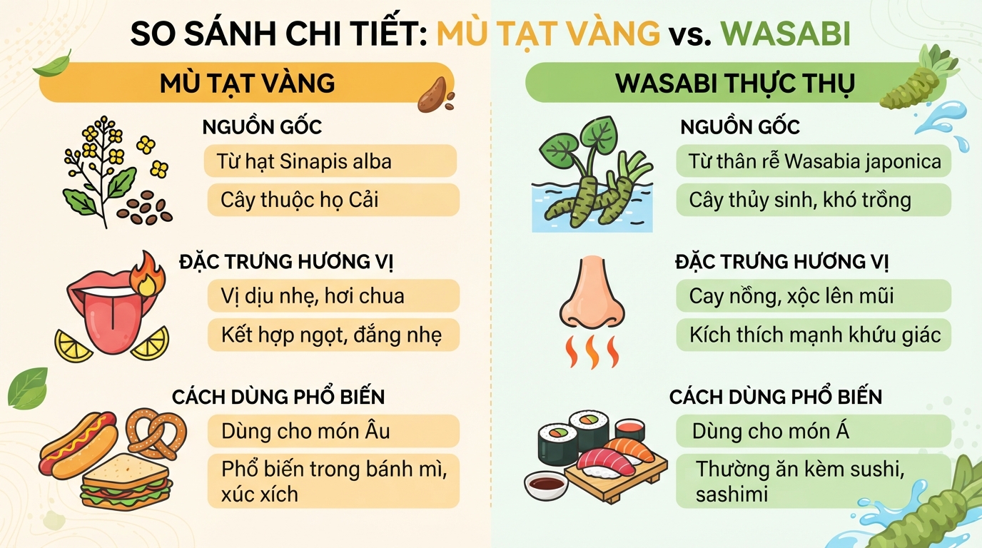 Sự khác biệt về nguồn gốc và đặc trưng hương vị giữa mù tạt vàng và wasabi.