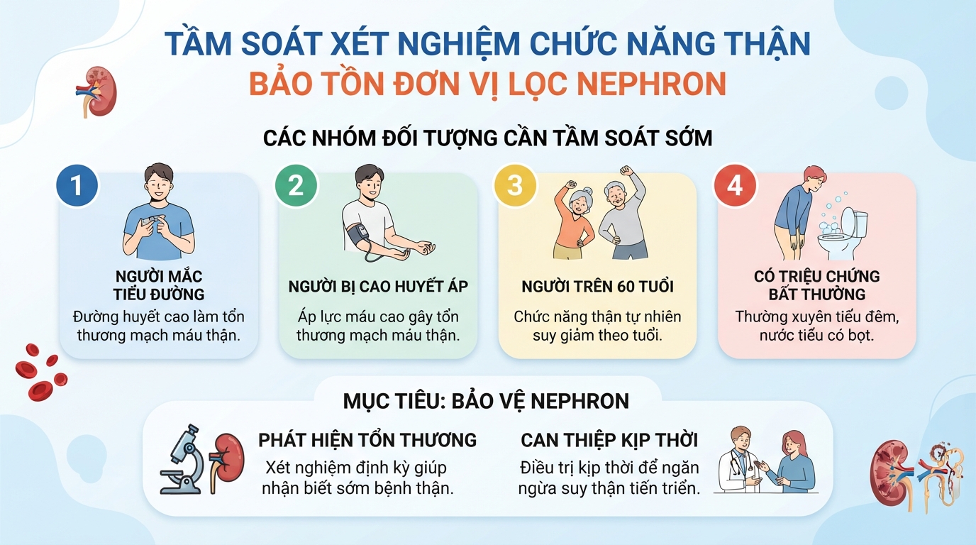 Tầm soát xét nghiệm chức năng thận ở người tiểu đường, cao huyết áp giúp bảo tồn đơn vị lọc nephron.