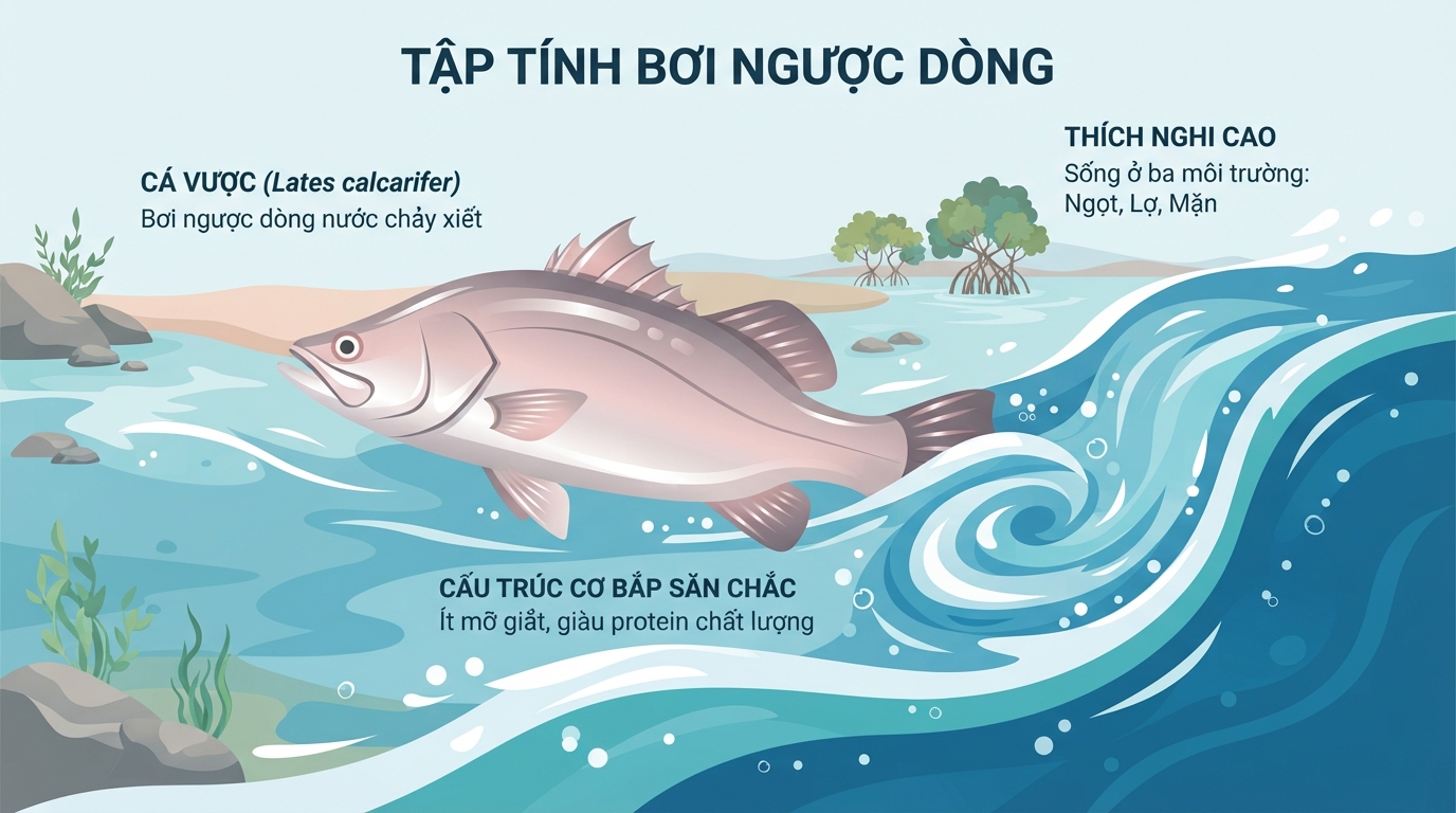 Tập tính bơi ngược dòng giúp cá vược sở hữu cấu trúc cơ thịt săn chắc và ít mỡ.