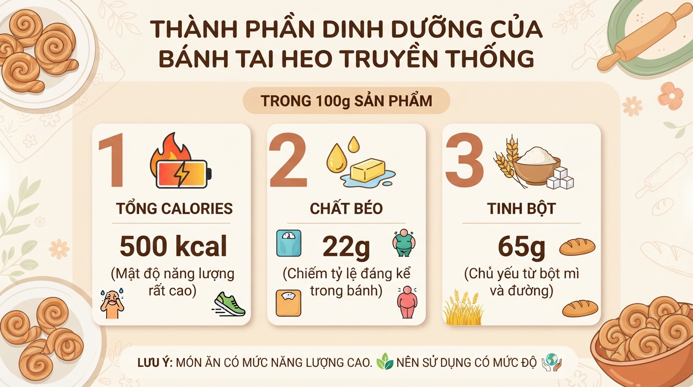 Thành phần dinh dưỡng của bánh tai heo truyền thống chứa mức calo cao đáng kể.