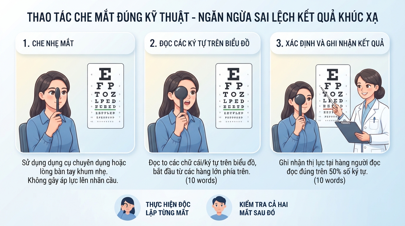 Thao tác che từng mắt đúng kỹ thuật ngăn ngừa sai lệch kết quả khúc xạ.