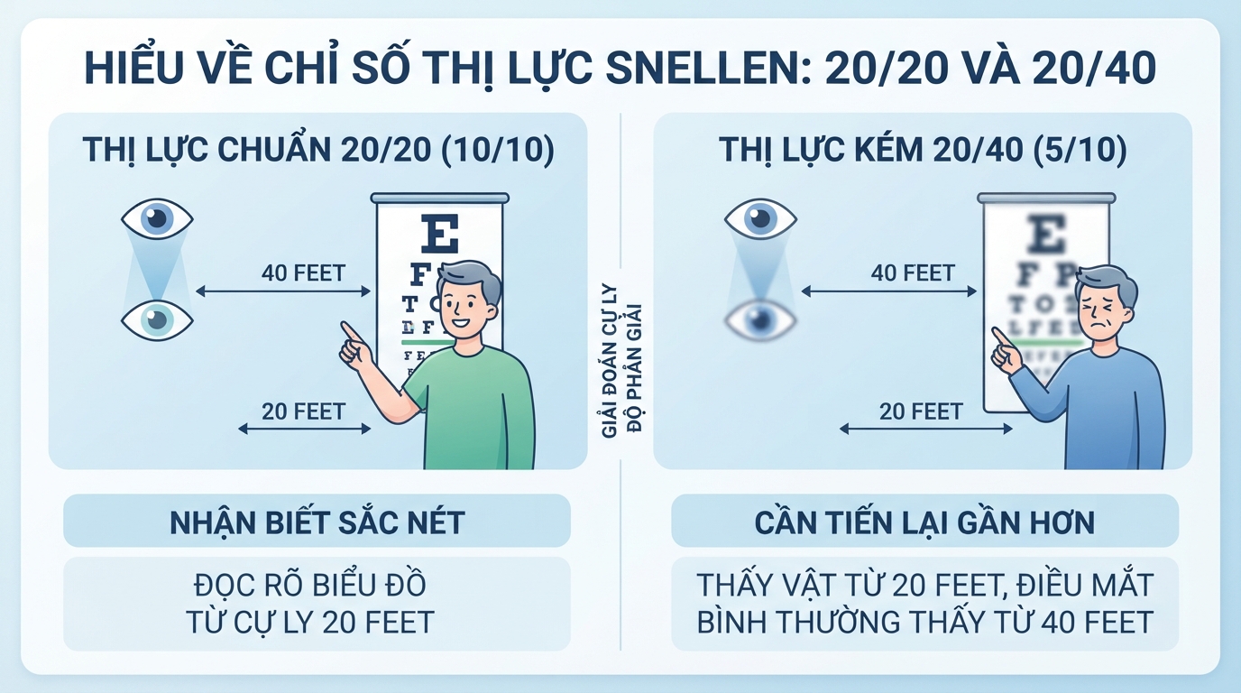 Thị lực 10/10 thể hiện khả năng nhận diện hình ảnh sắc nét ở cự ly chuẩn.