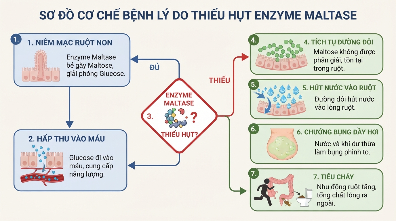 Thiếu hụt enzyme maltase làm đường đôi không phân giải, gây chướng bụng và tiêu chảy.