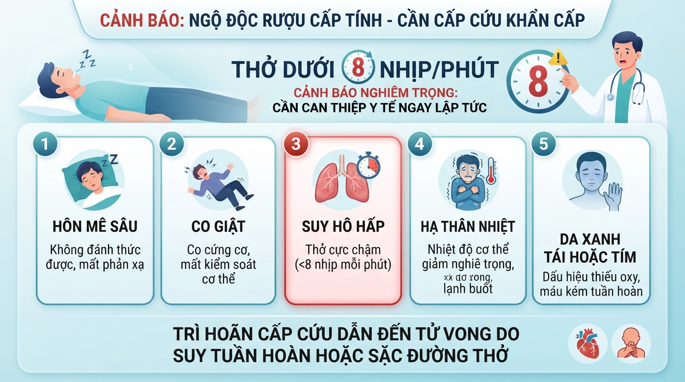 Thở dưới 8 nhịp mỗi phút cảnh báo ngộ độc rượu nghiêm trọng cần cấp cứu.