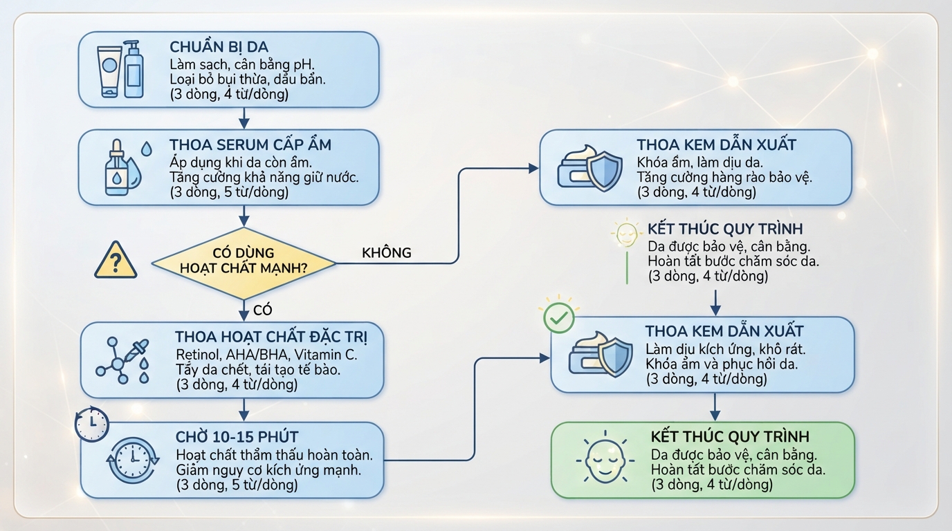 Thứ tự bôi thoa sản phẩm phục hồi kết hợp cùng các hoạt chất đặc trị.
