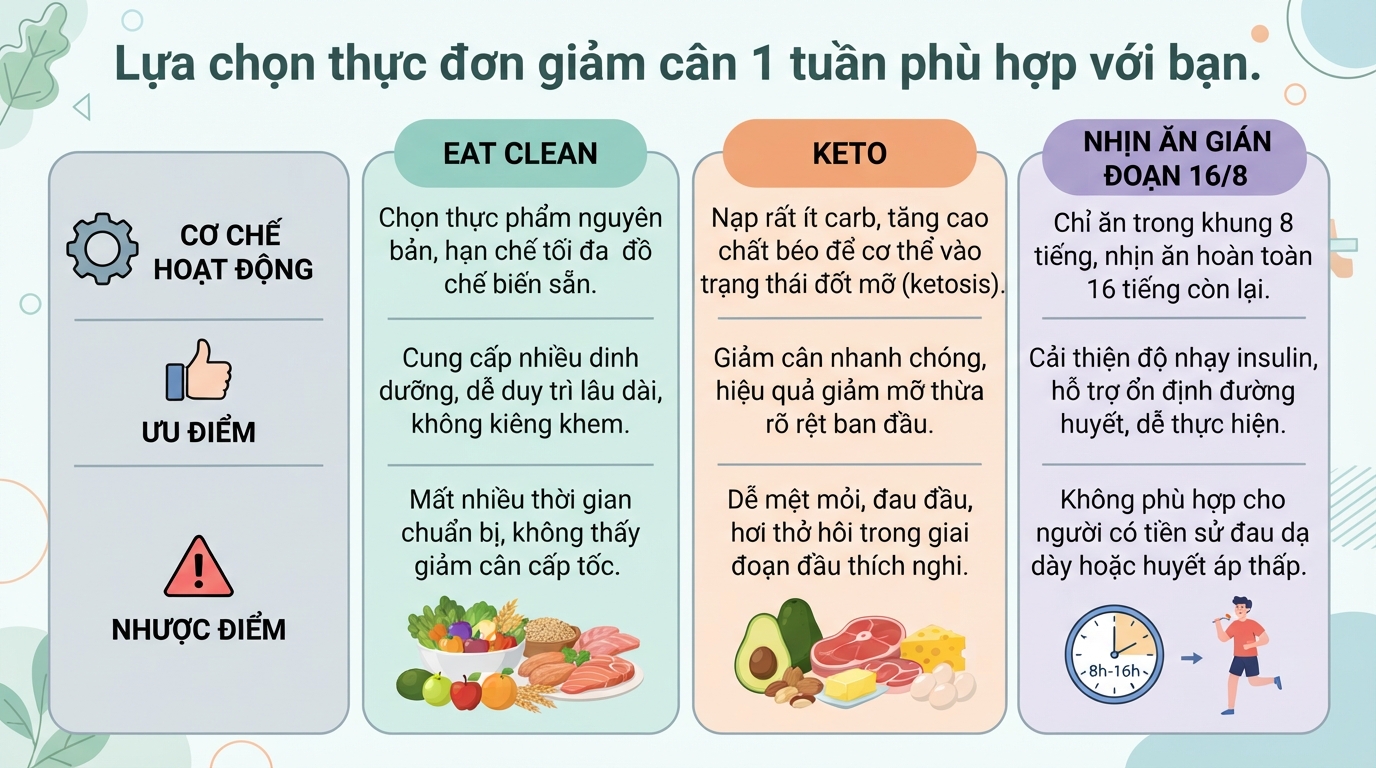 Thực đơn giảm cân 1 tuần khoa học, hiệu quả