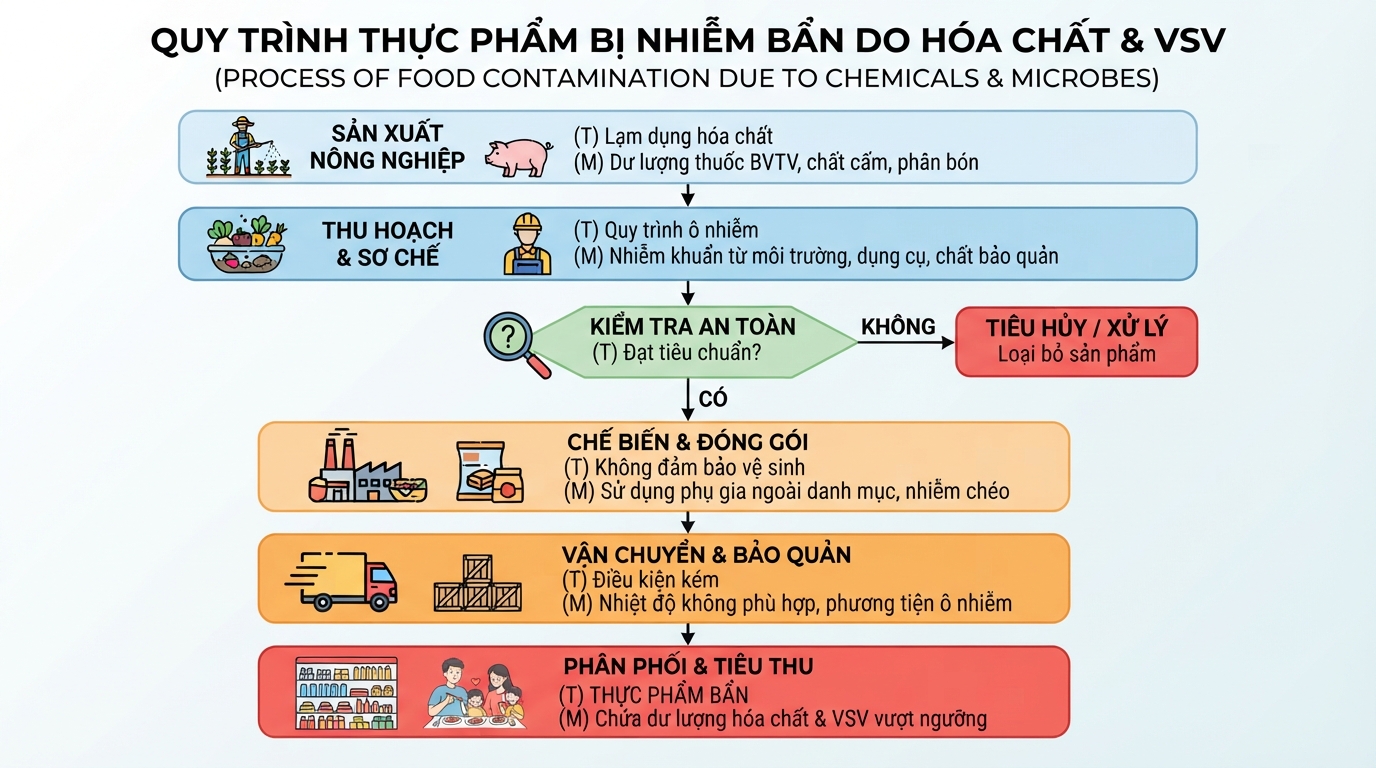Thực phẩm bẩn xuất phát từ việc lạm dụng hóa chất trong chăn nuôi, trồng trọt và bảo quản.