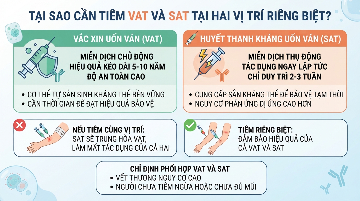 Tiêm VAT và SAT tại hai vị trí riêng biệt để tránh tương tác trung hòa sinh phẩm.