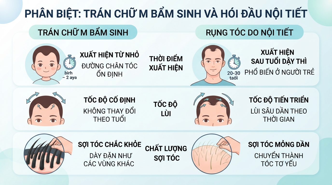 Tiêu chí phân biệt giữa đặc điểm bẩm sinh và dấu hiệu rụng tóc do nội tiết.