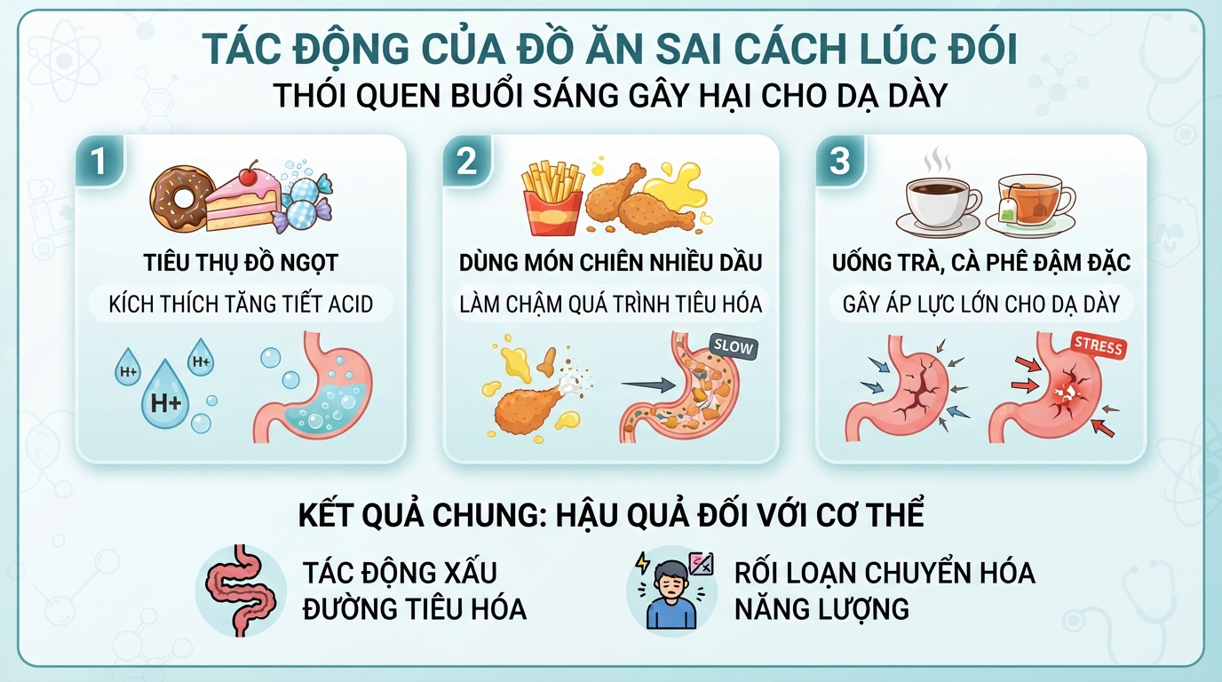 Tiêu thụ thực phẩm chiên ngọt hoặc caffein lúc đói gây áp lực lớn cho dạ dày.