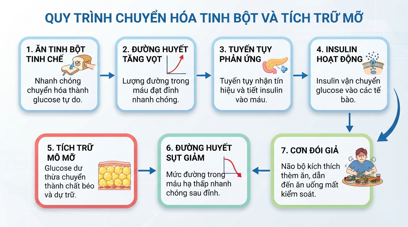 Tinh bột tinh chế làm đường huyết tăng vọt gây kích thích tích trữ mô mỡ.