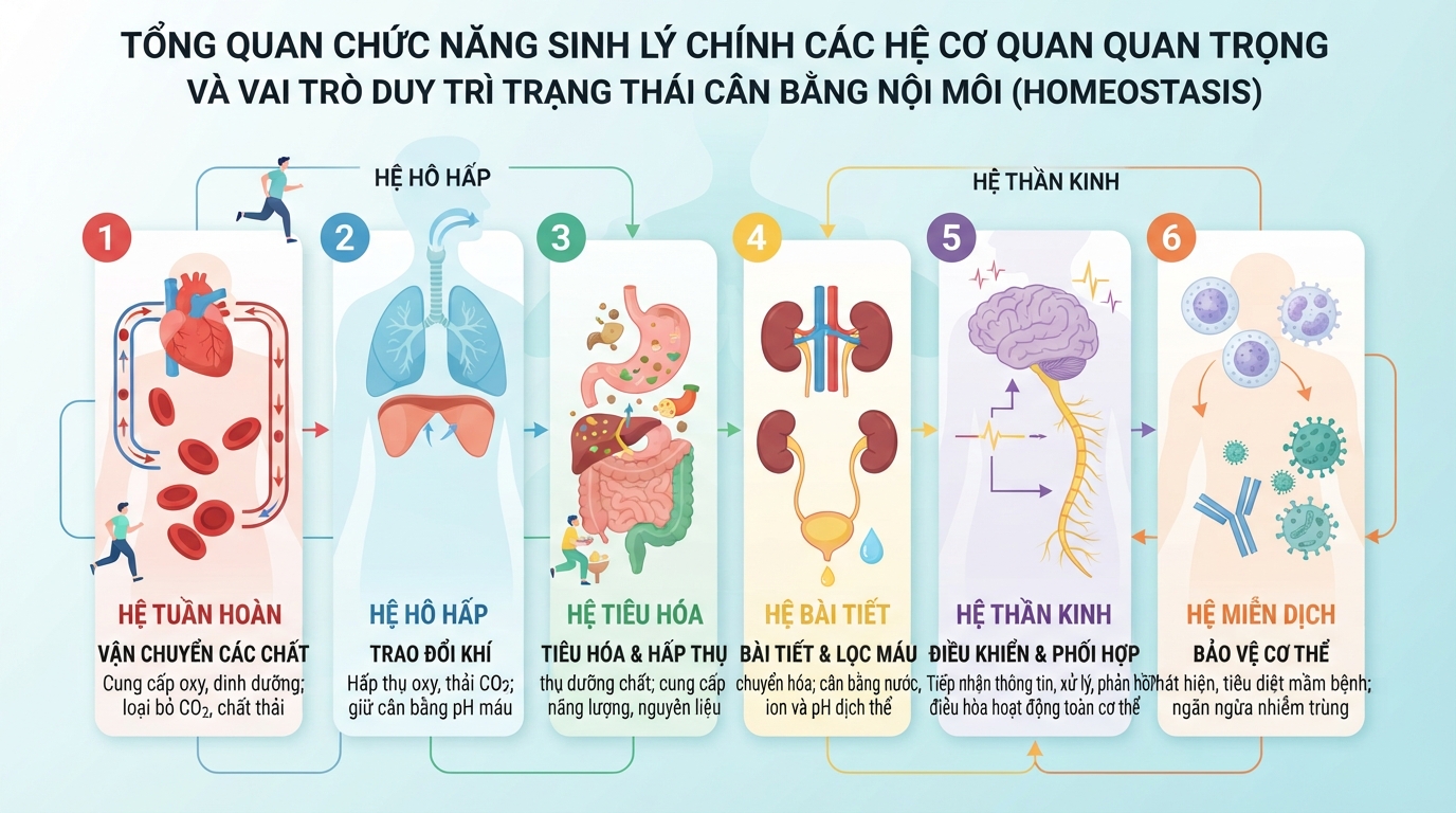 Tổng quan chức năng sinh lý chính của các hệ cơ quan quan trọng trong cơ thể.