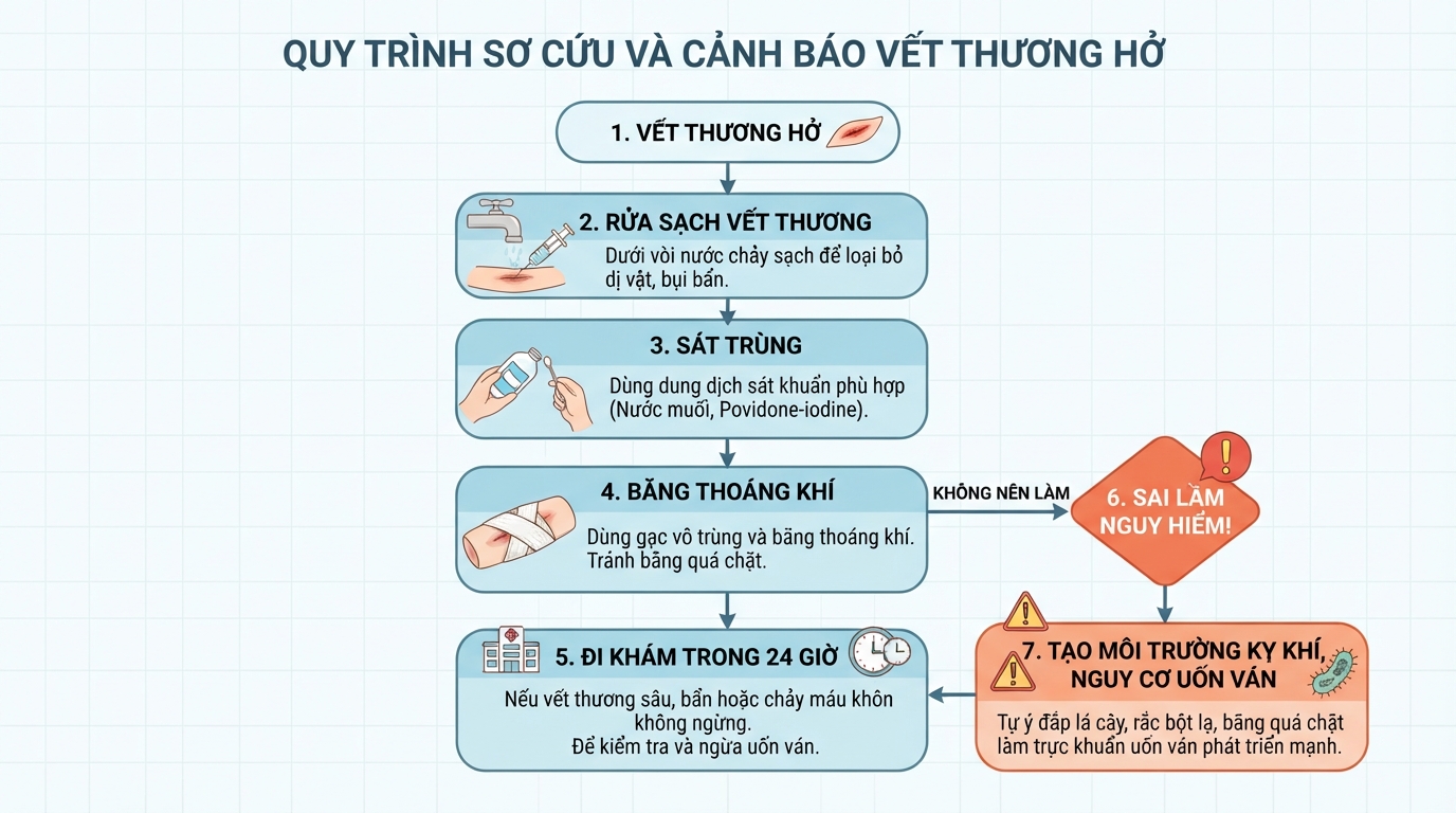 Tránh đắp lá hay rắc bột lạ lên vết thương vì dễ tạo môi trường kỵ khí.