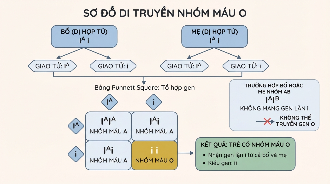 Trẻ có nhóm máu O nhờ nhận gen lặn i từ cả bố và mẹ.