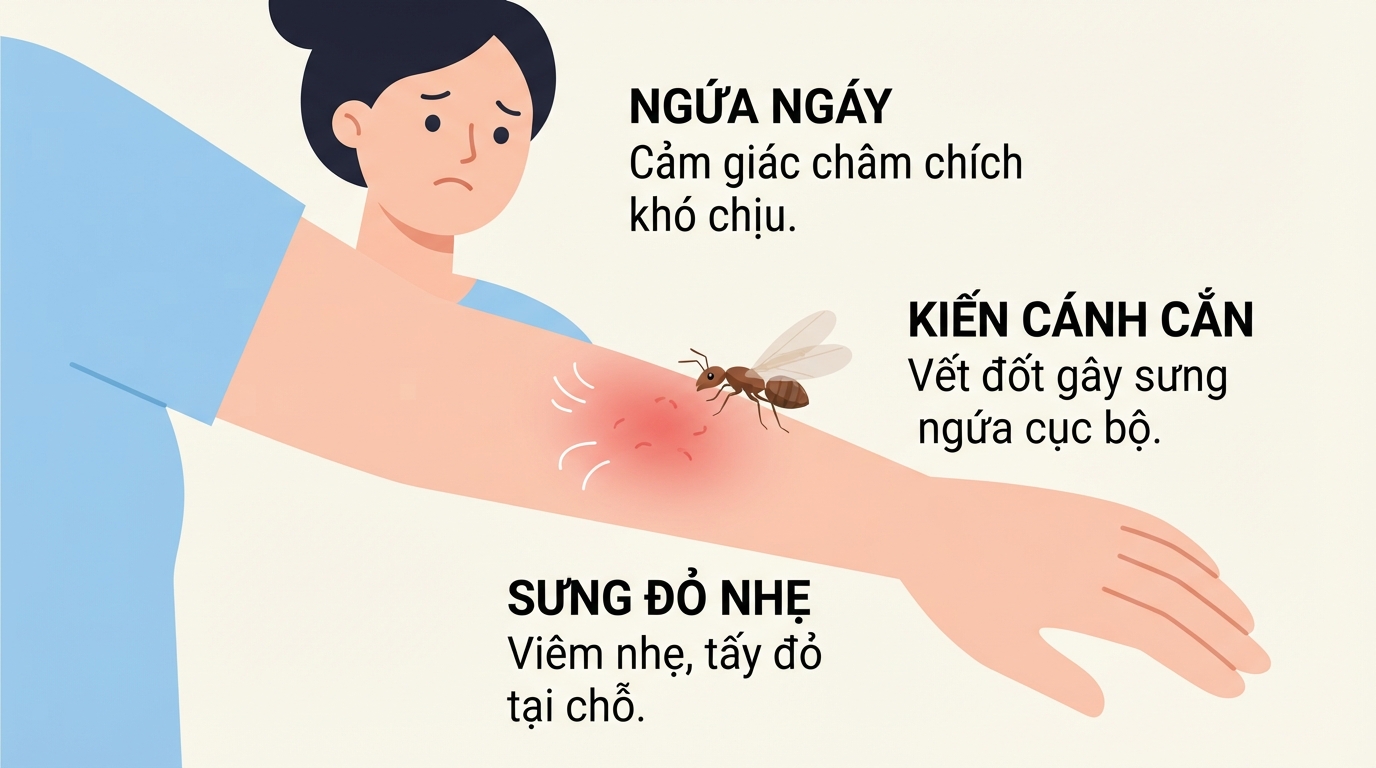 Triệu chứng ngứa ngáy và sưng đỏ nhẹ thường thấy khi bị kiến cánh cắn trên da.